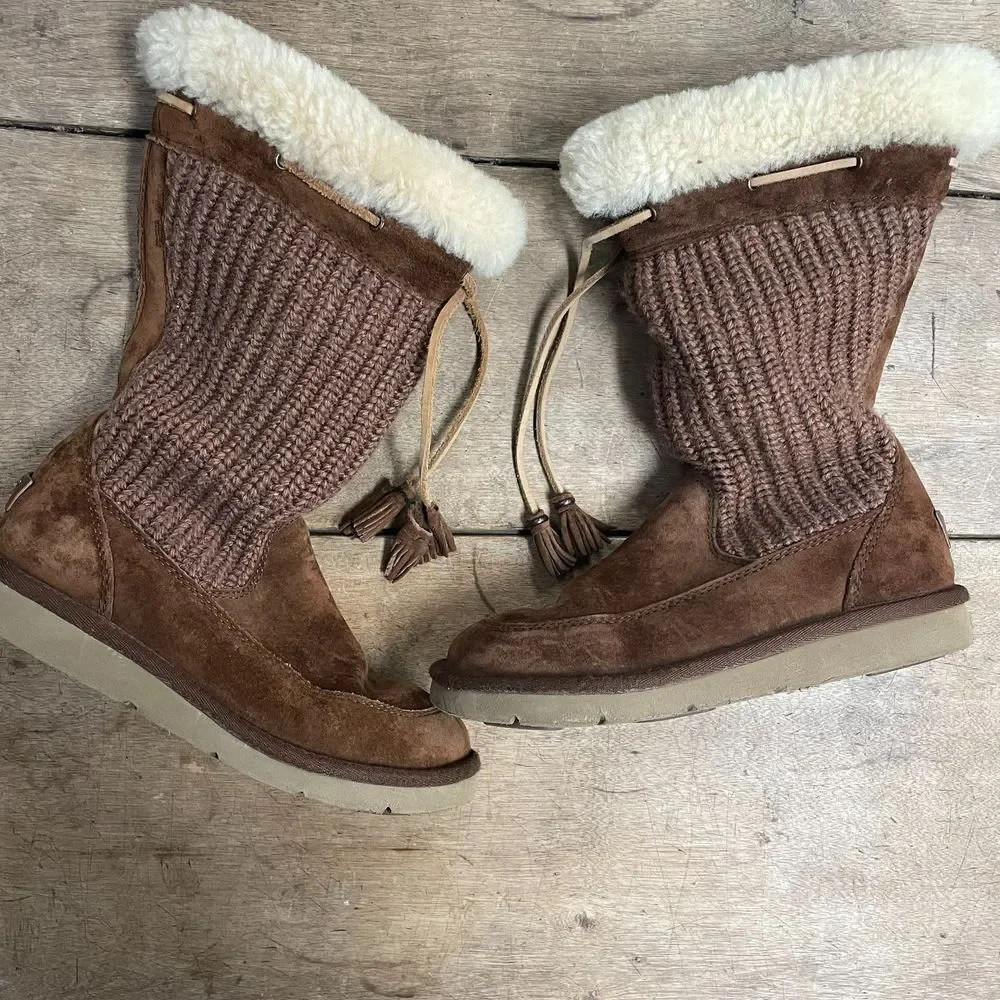 UGG Australia Boots Womens Size 5 Tan Leather‎ Mid Calf Winter Shearling